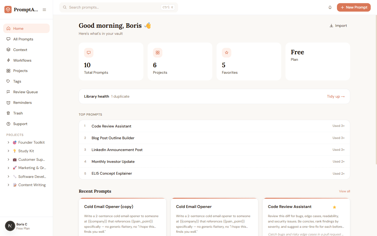 The PromptABCD dashboard with prompt stats, top prompts, and recent prompts