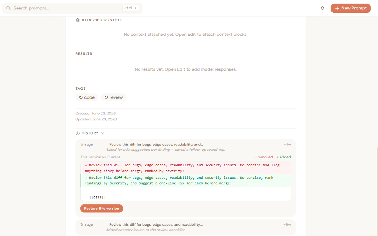 PromptABCD version history with a color-coded diff between versions
