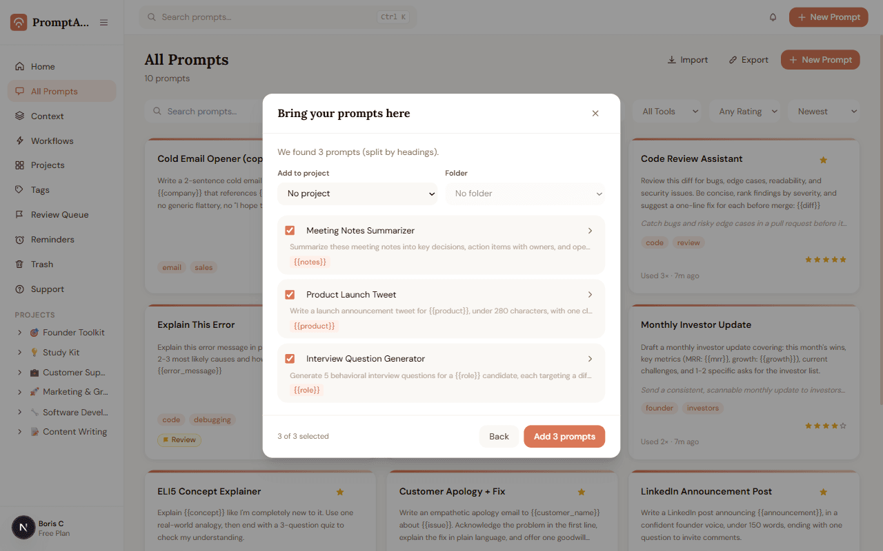 PromptABCD bulk import review screen showing parsed prompts
