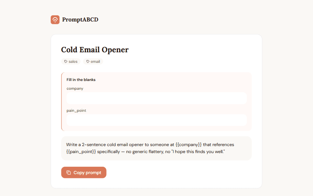 Public PromptABCD share page with a copy button