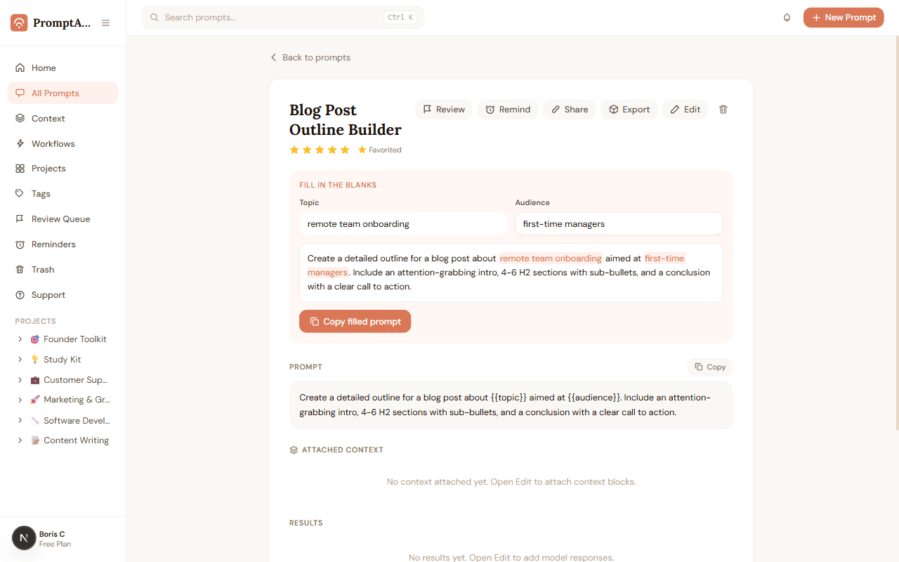 PromptABCD prompt page with fill-in-the-blank fields and a live preview